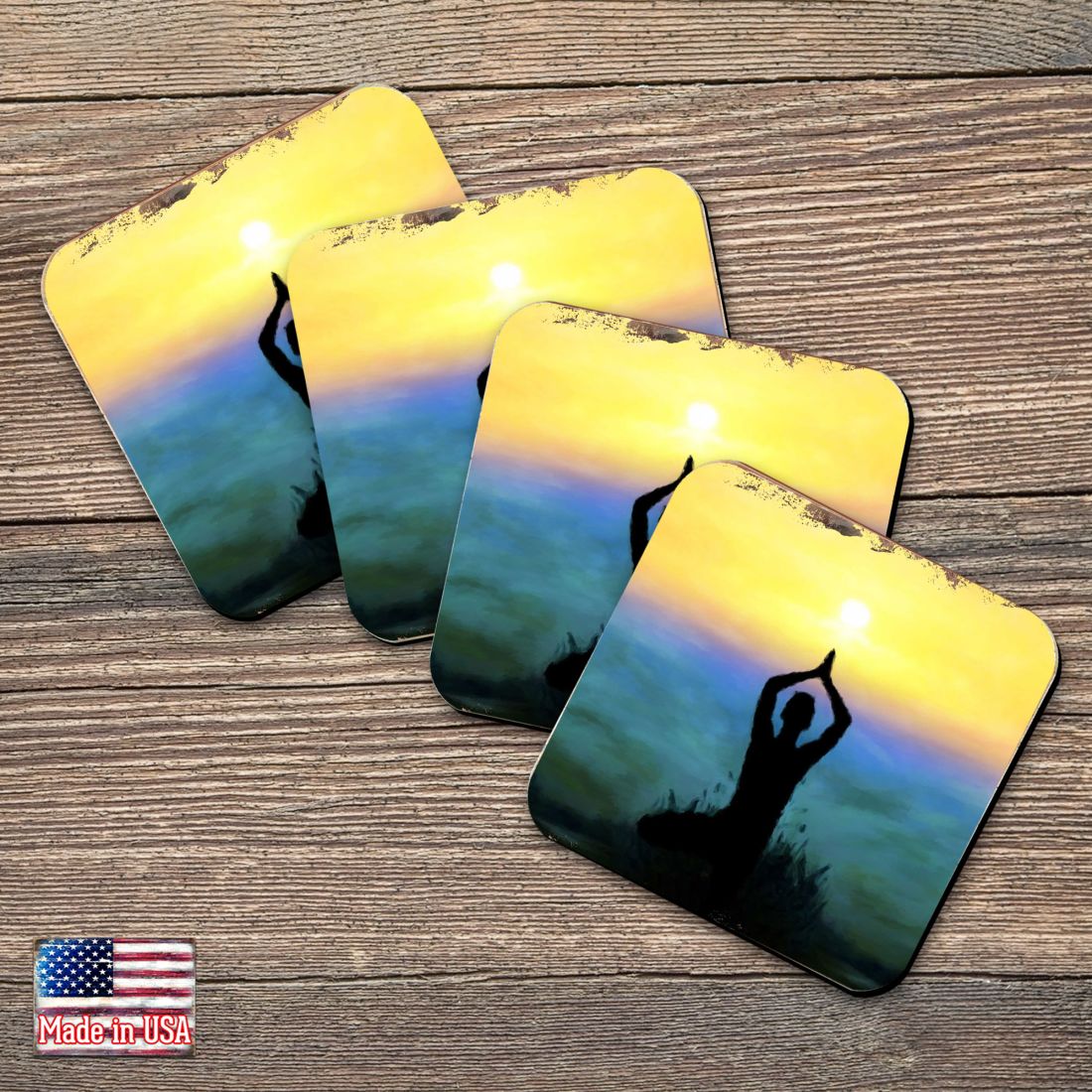 Juego de 4 posavasos de corcho de madera con diseño de yoga de Nature Wonders - Decoración de vida silvestre - 95385C-S4