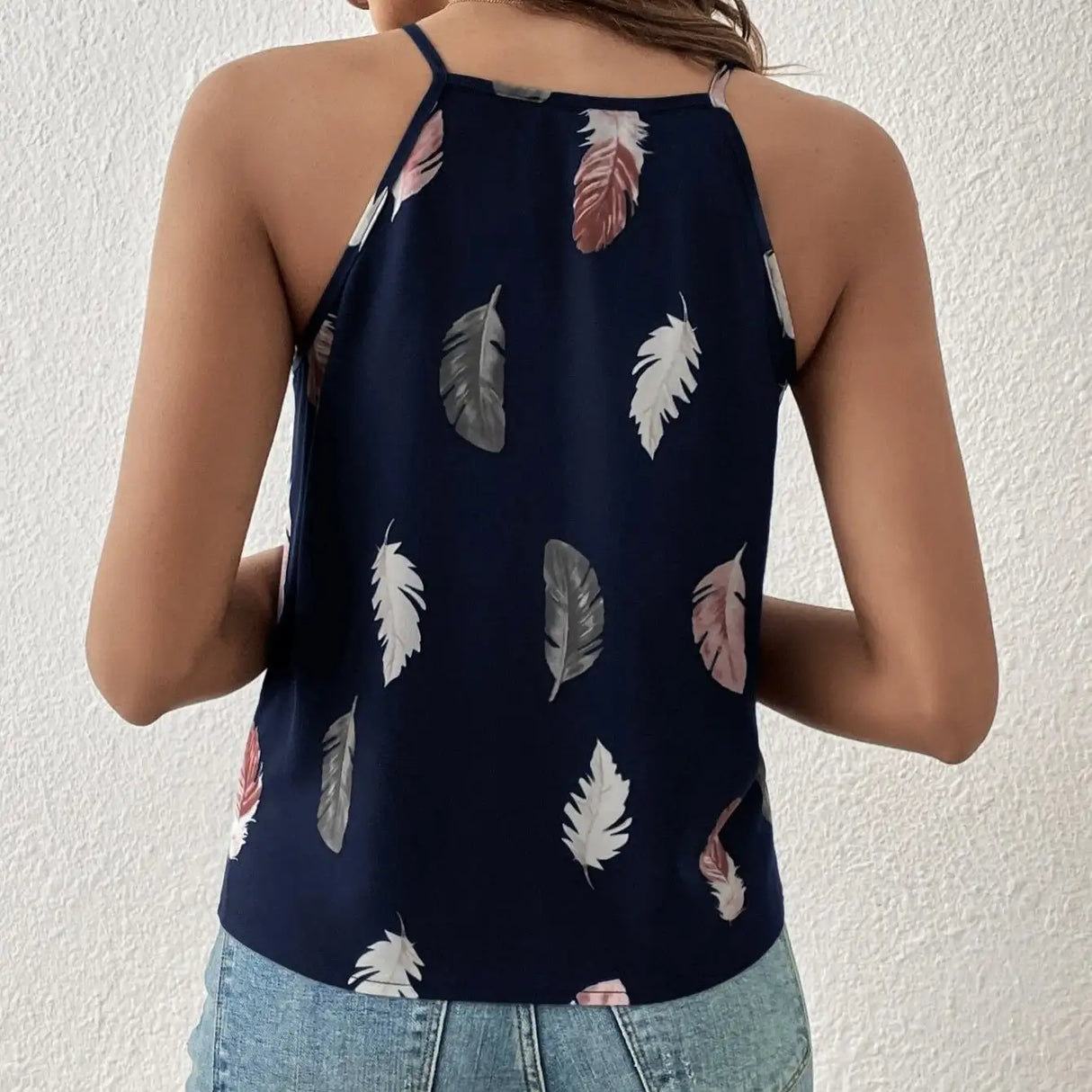 Women's Feather Print Notch V-neck Versatile Camisole Vest - Lootquake