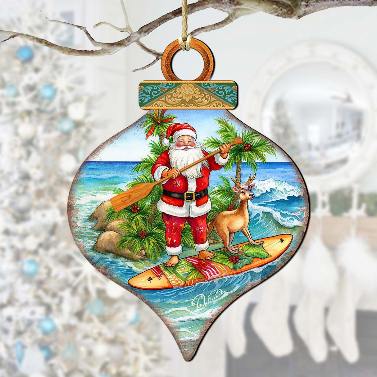 Beach Themed Ornaments - Santa's Surf Wooden Ornaments by G.Debrekht Coastal Holiday Decor - 8688187