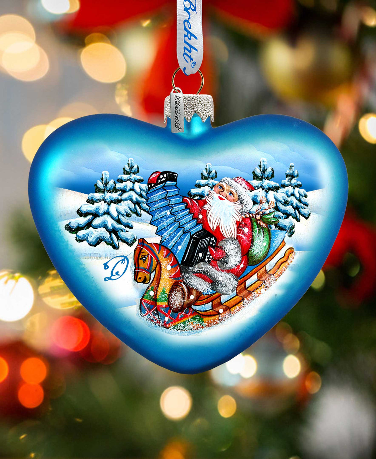Love Heart Accordion Santa Glass Ornament by G. DeBrekht - Christmas Santa Snowman Decor - 752-023