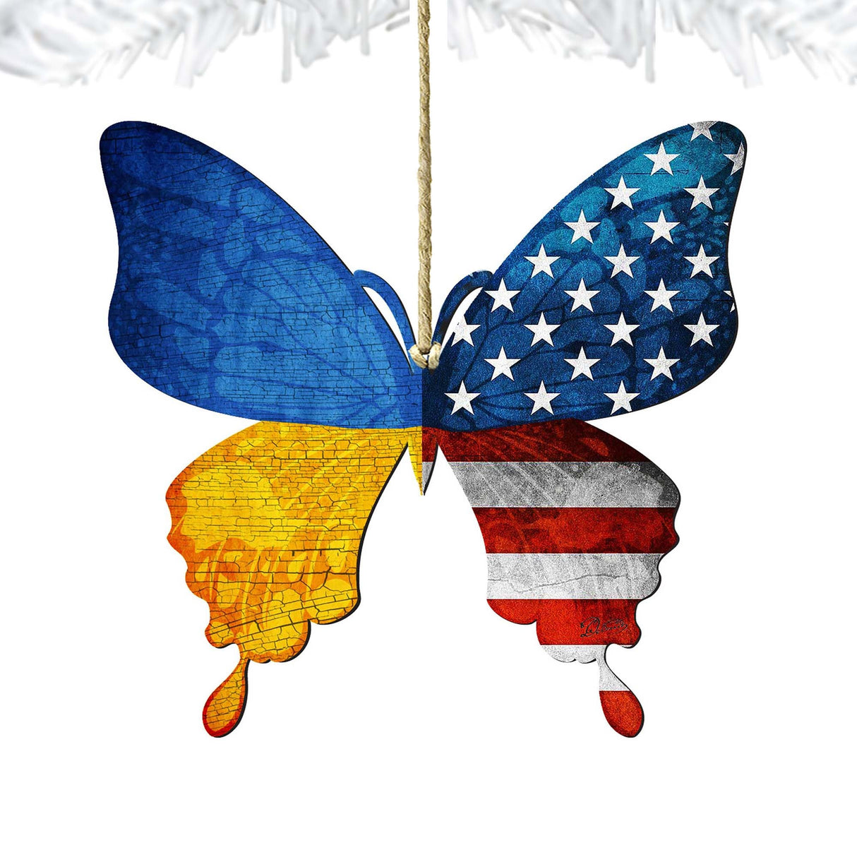USA/Ukraine Patriotic Butterfly Wooden Ornaments - International Decor - 8187129