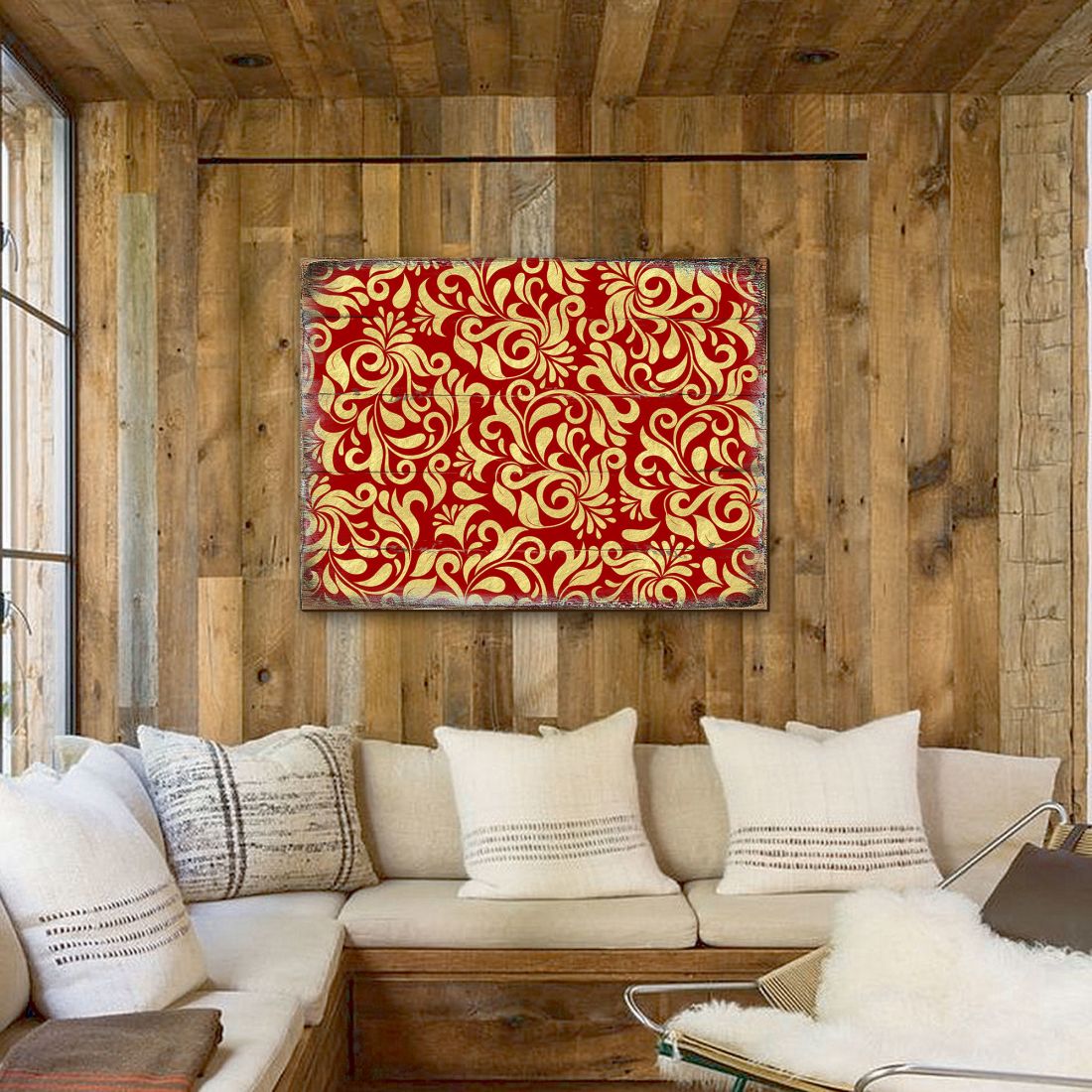 Arte mural rústico de madera con flores rojas y doradas de G. DeBrekht - Decoración floral ornamental - 95006B