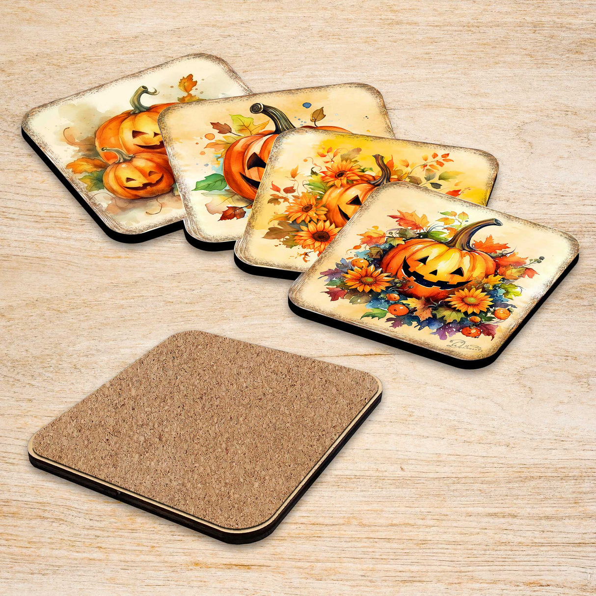 Halloween Pumpkin Wooden Cork Coasters Gift Set of 4 by G. Debrekht - Thanksgiving Decor - 8199448C-S4