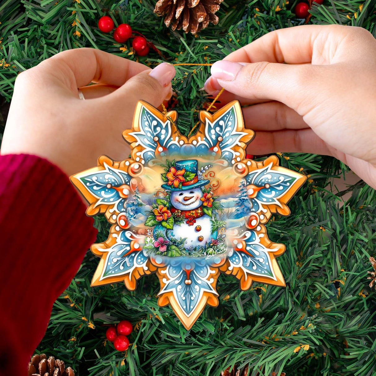 Snowman Snowflake Wooden Ornaments by G. Debrekht - Christmas Santa Snowman Decor - 8688425