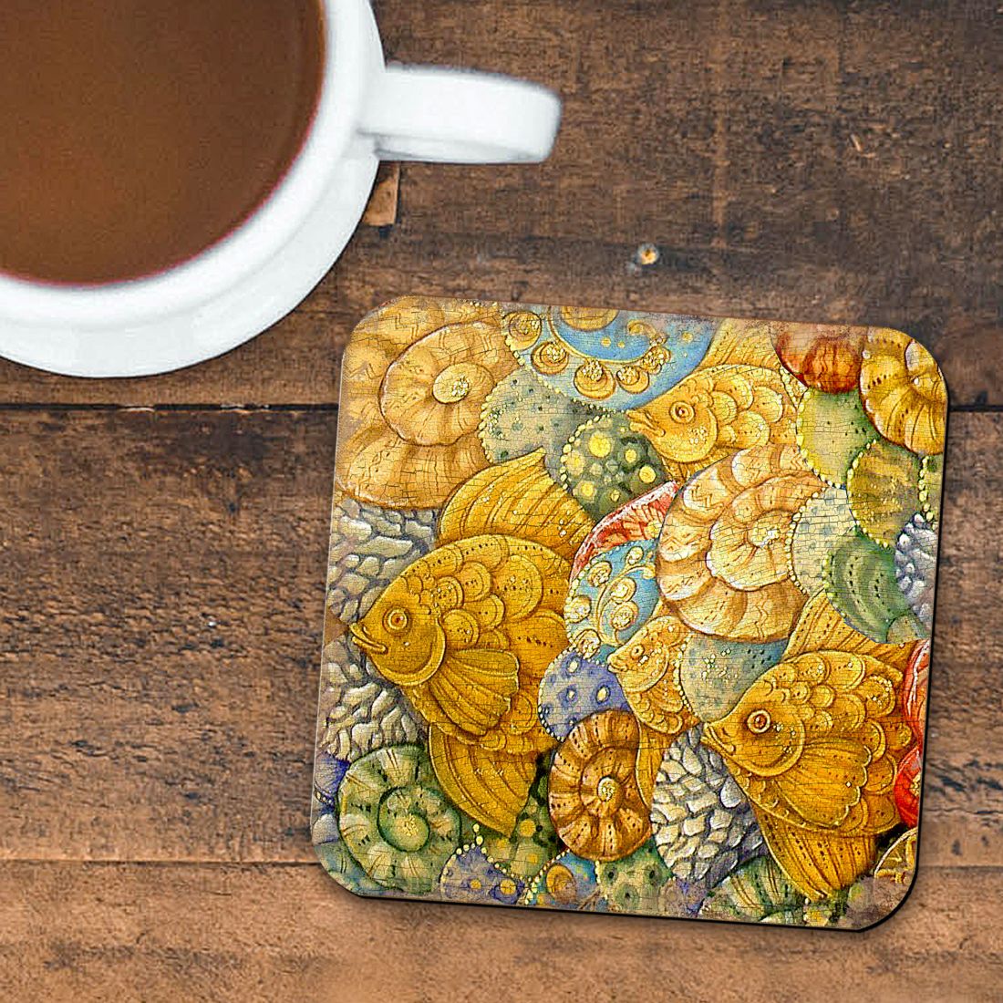 Fish Coastal Art Wooden Cork Coasters Gift Set of 4 by Nature Wonders - Nature Wildlife Decor - 95018C-S4