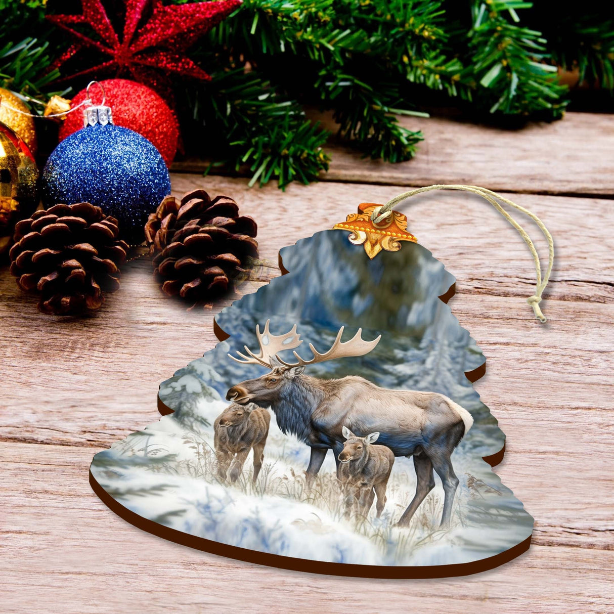 Moose Family Tree Wooden Ornaments by G.Debrekht - Wildlife Holiday Decor - 870004