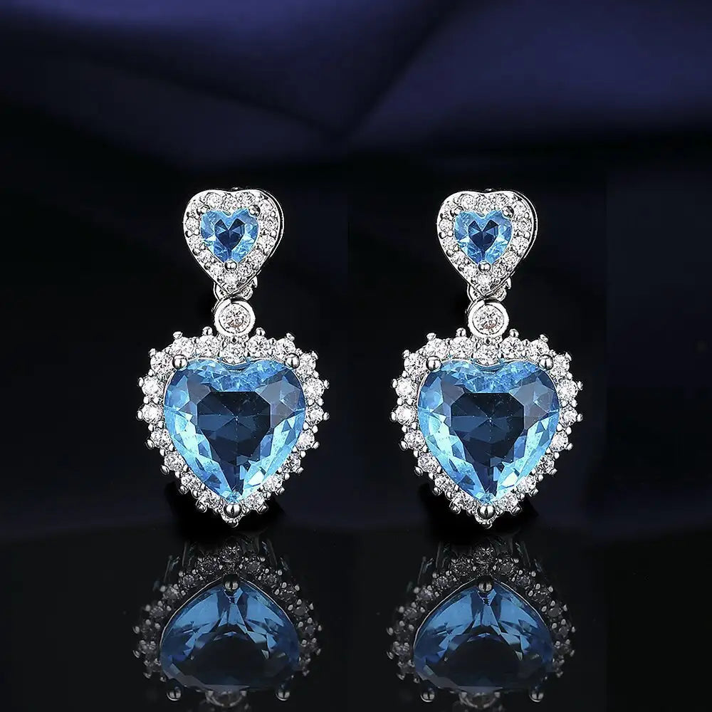 European And American Aquamarine Colored Gems Necklace Ear Stud Ring Women's - Lootquake