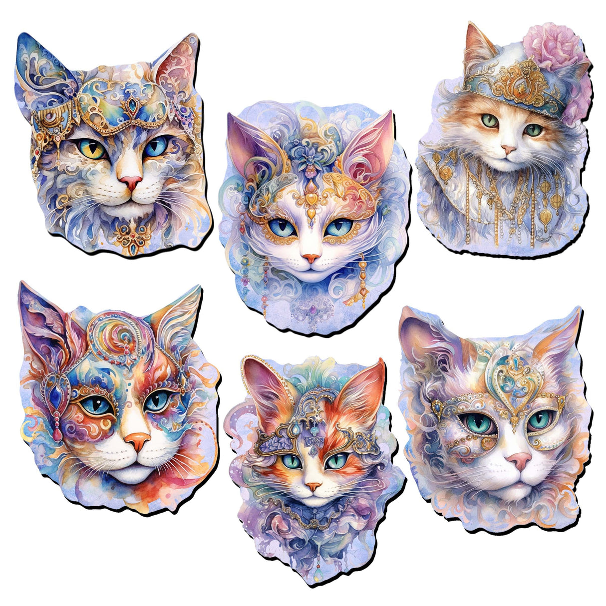 Cats Masks Decorative Wooden Magnets Set of 6 by G. Debrekht - Christmas Decor - 8090033G-S6