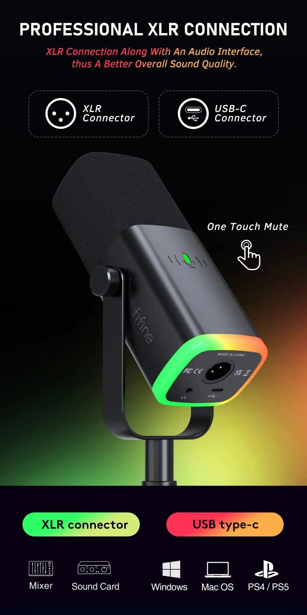 Dynamic USB/XLR Microphone with Touch Mute Button and Headphone Jack for PC and Gaming