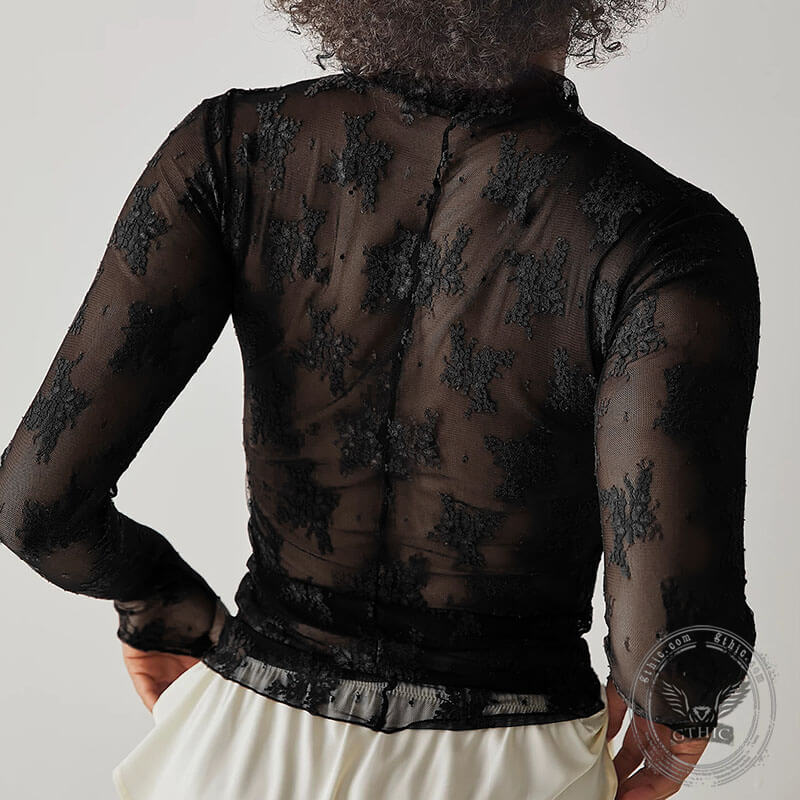Camiseta de manga larga transparente de malla con bordado floral