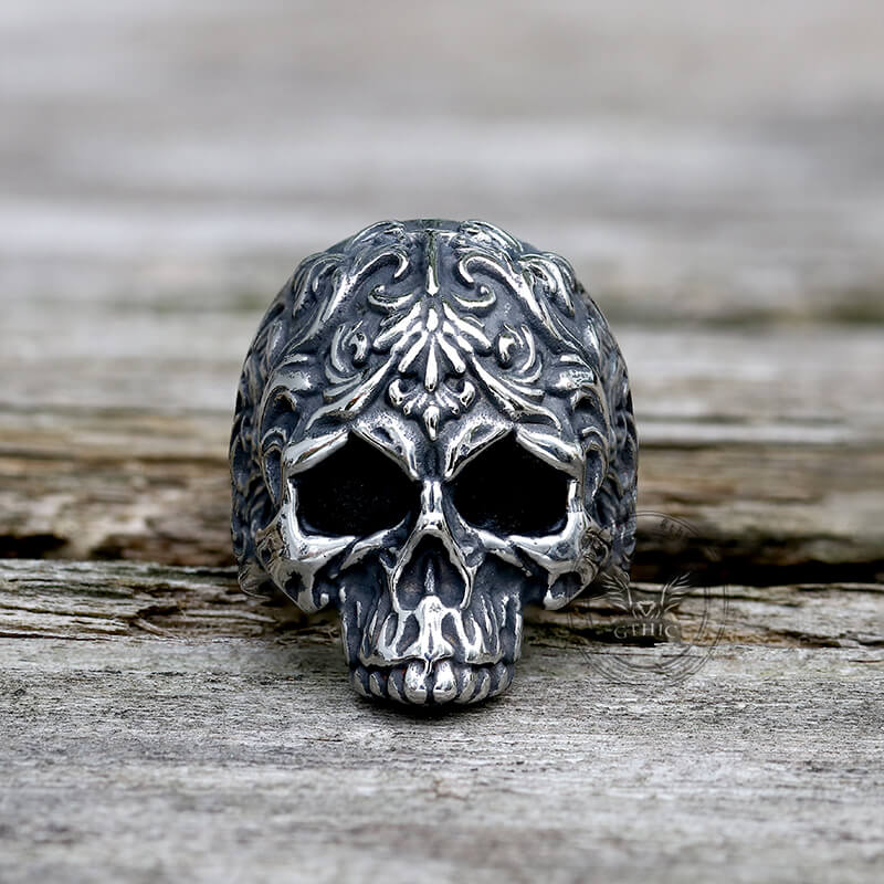 Anillo de acero inoxidable con diseño de calavera y estampado floral