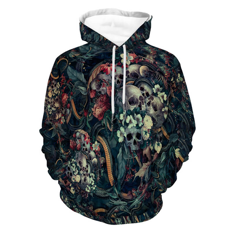 Sudadera con capucha de poliéster con estampado de serpiente, calavera y flores