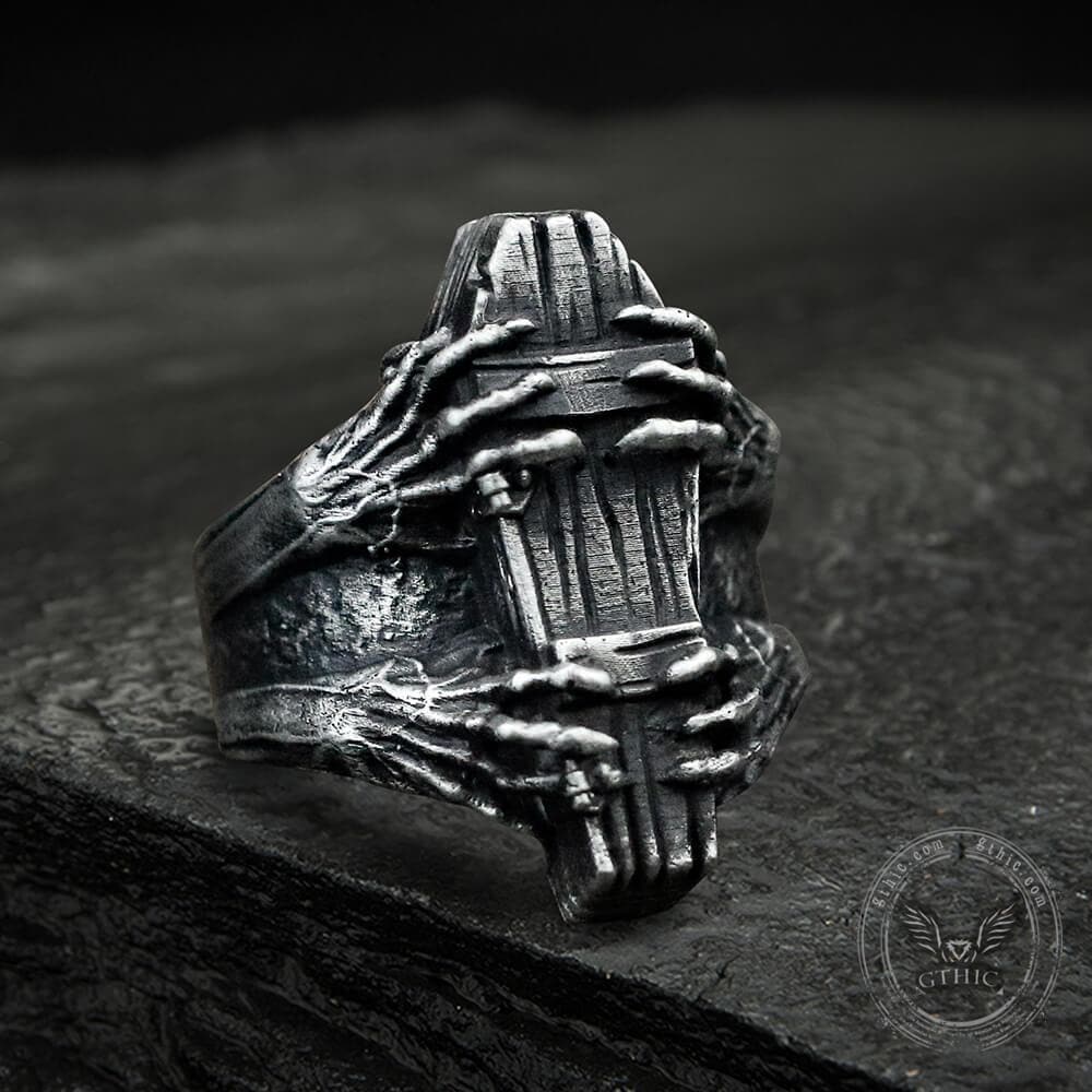 Anillo de acero inoxidable con forma de ataúd de garra fantasma