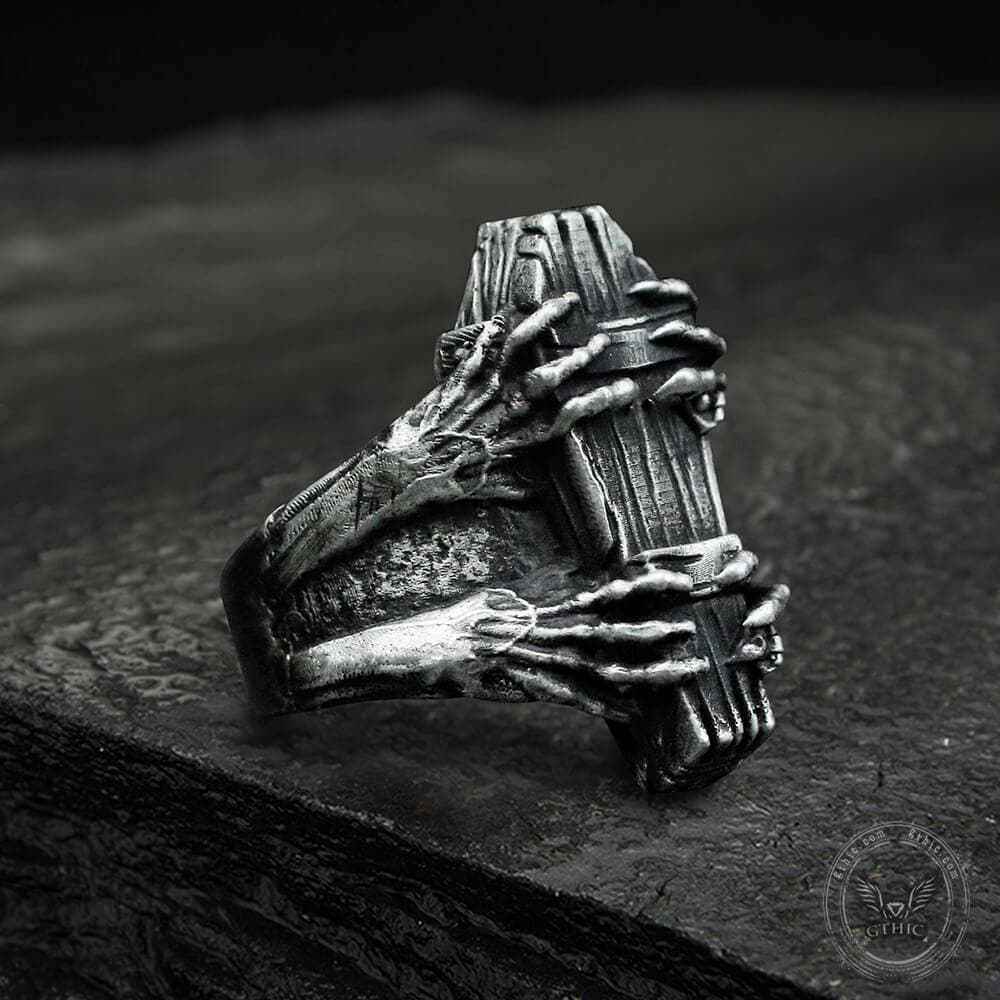 Anillo de acero inoxidable con forma de ataúd de garra fantasma