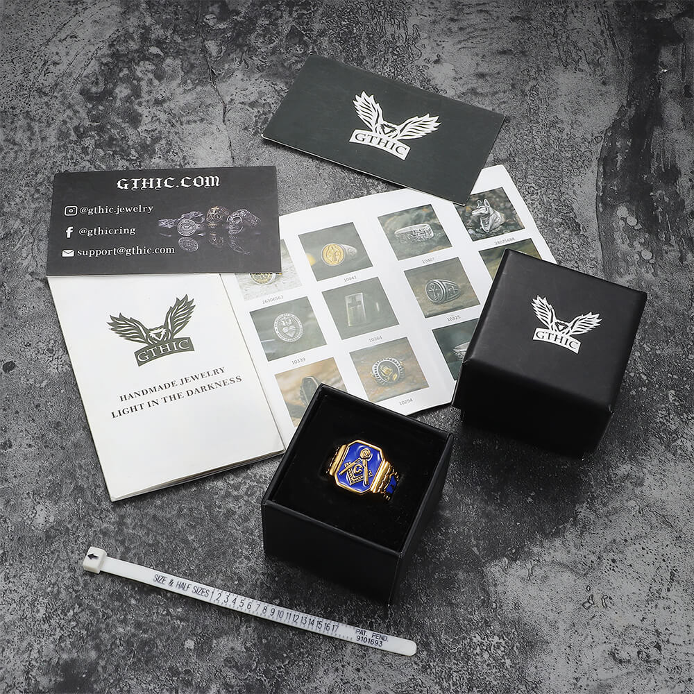 Anillo masónico de acero inoxidable bañado en oro