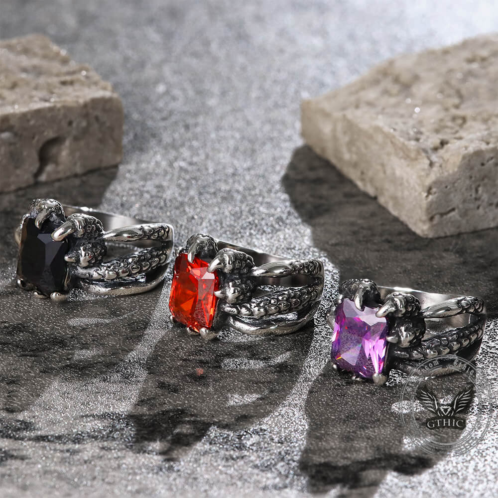 Anillo de acero inoxidable con gema y garra de dragón gótico