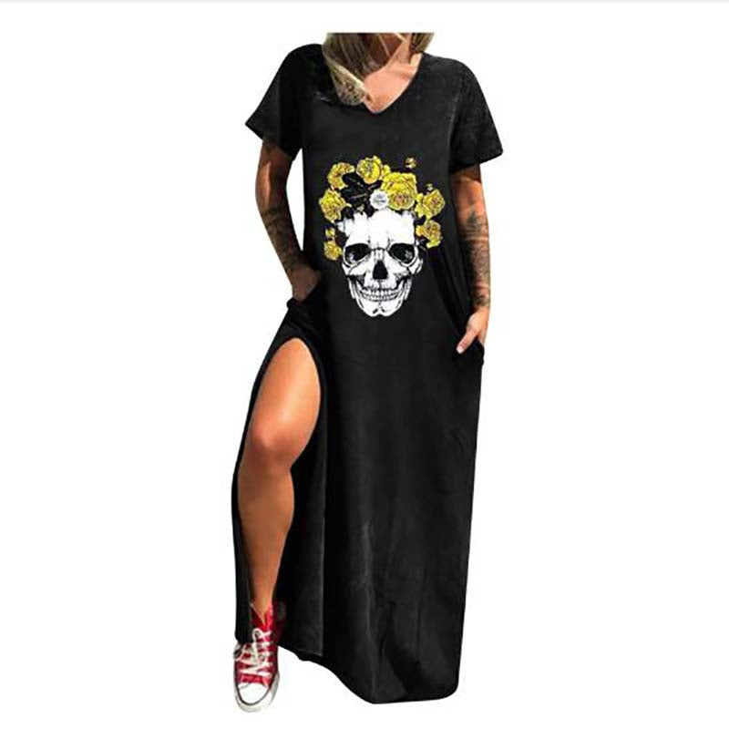 Vestido informal con cuello en V y estampado de calavera gótica para mujer