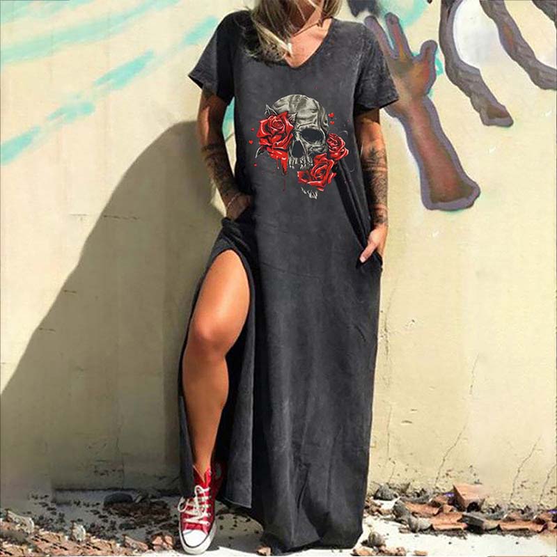 Vestido informal con cuello en V y estampado de calavera gótica para mujer