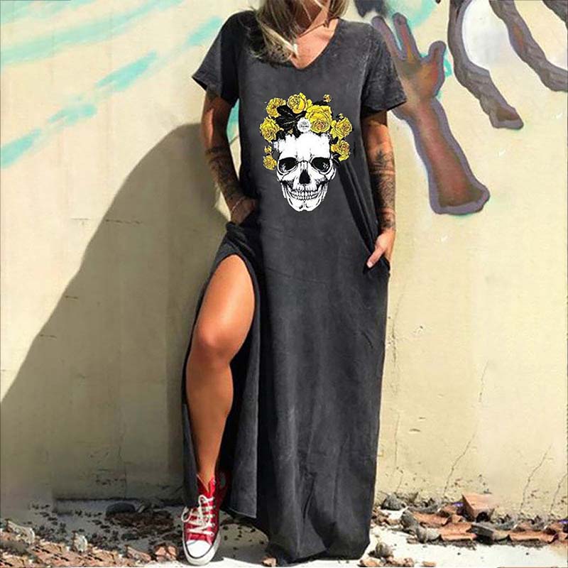 Vestido informal con cuello en V y estampado de calavera gótica para mujer