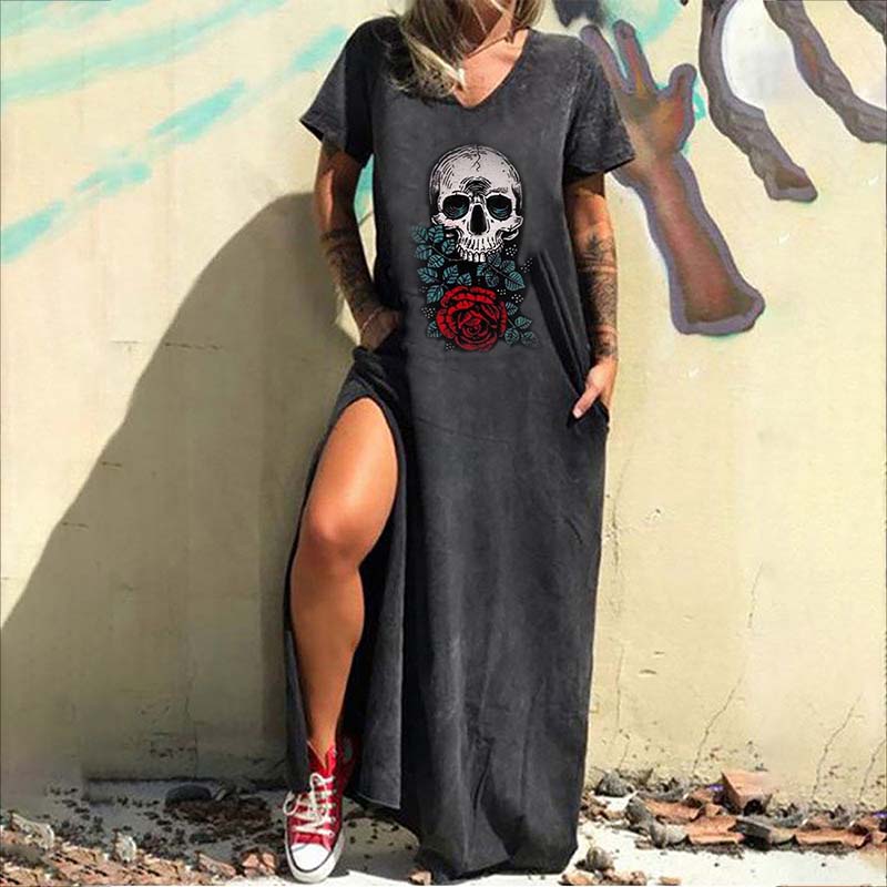 Vestido informal con cuello en V y estampado de calavera gótica para mujer