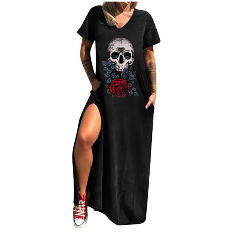 Vestido informal con cuello en V y estampado de calavera gótica para mujer
