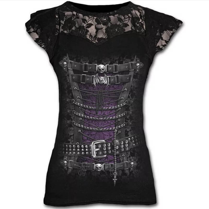 Camiseta larga para mujer con estampado de calavera gótica