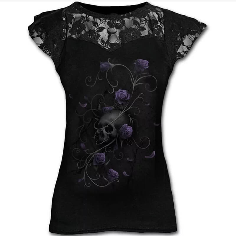 Camiseta larga para mujer con estampado de calavera gótica