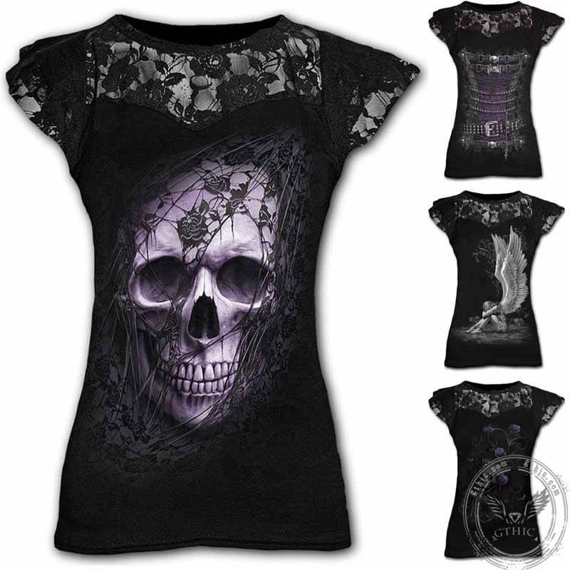 Camiseta larga para mujer con estampado de calavera gótica