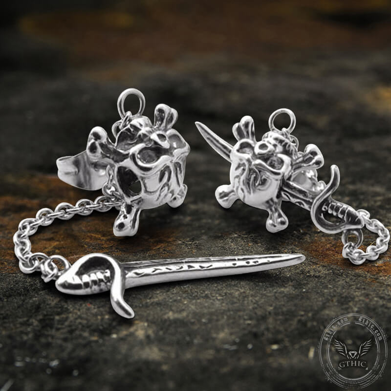 Pendientes de acero inoxidable con forma de calavera y espada gótica