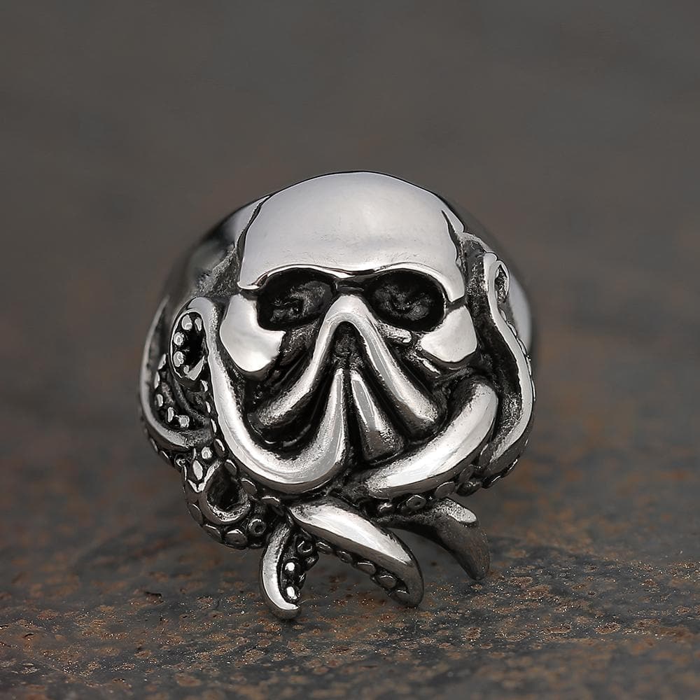 Anillo de calavera de acero inoxidable con diseño de pulpo marinero