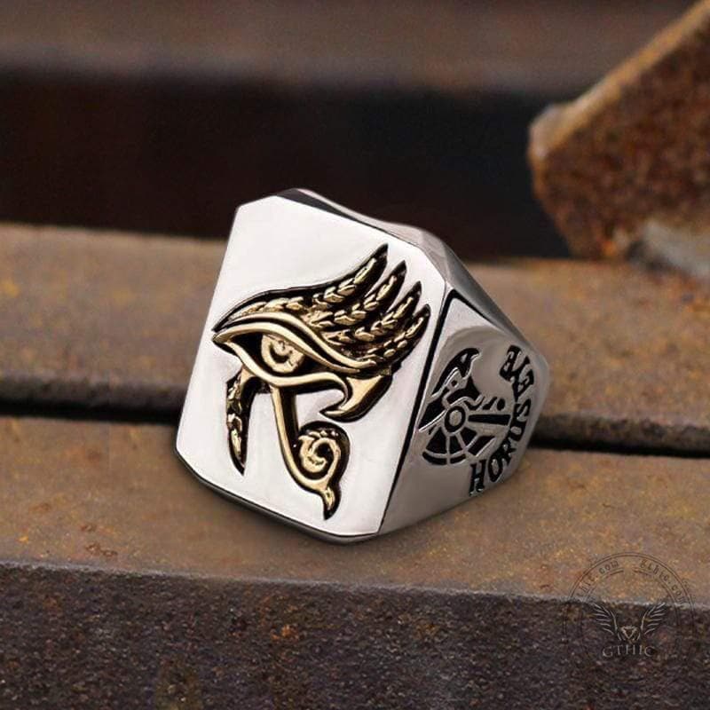 Anillo de acero inoxidable con el Ojo de Horus y la mitología egipcia