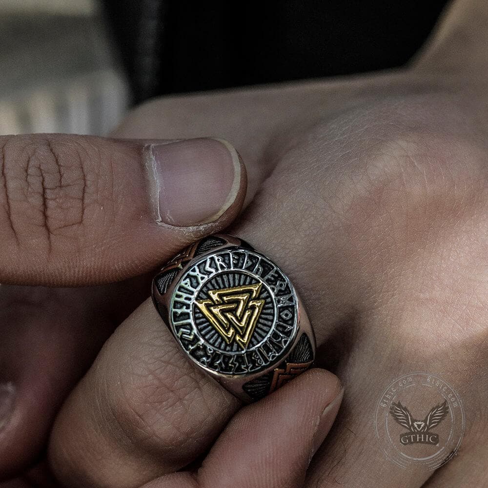 Anillo vikingo de acero inoxidable con forma de triángulo de Runas Valknut