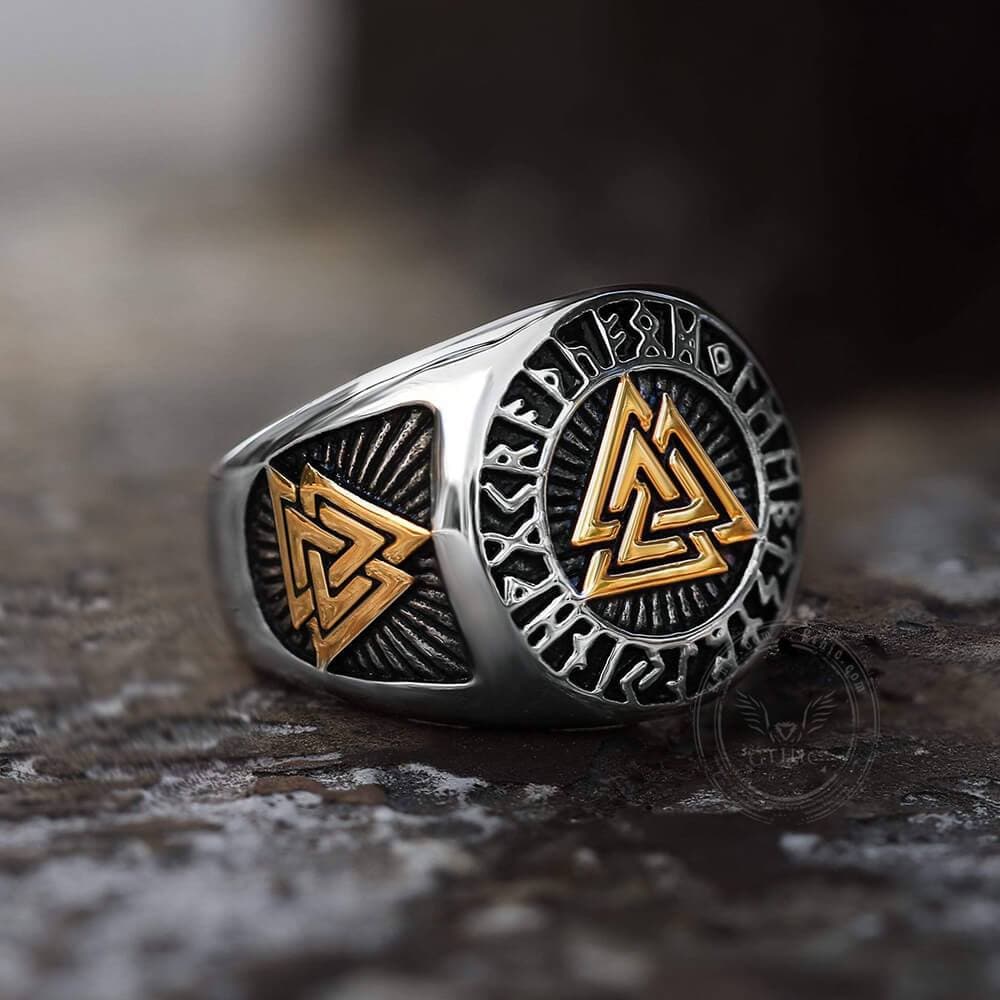Anillo vikingo de acero inoxidable con forma de triángulo de Runas Valknut