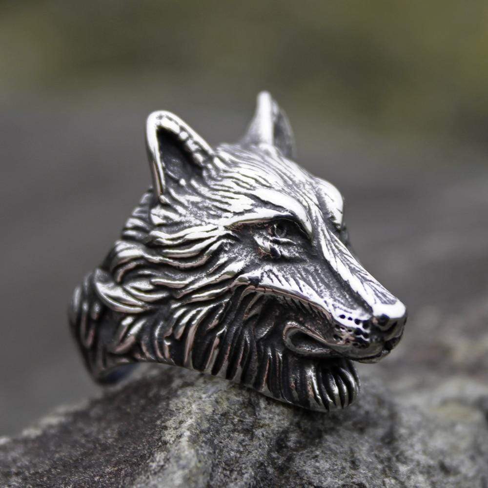 Anillo vikingo de acero inoxidable 316L con diseño de lobo salvaje