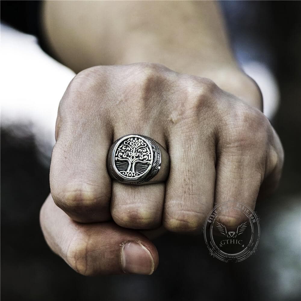 Anillo vikingo de acero inoxidable con sello del Árbol de la Vida