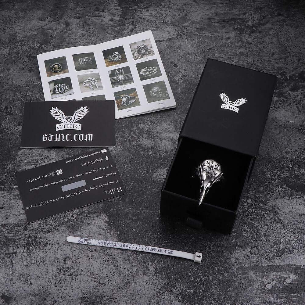 Anillo de acero inoxidable con el cuervo Vegvisir de Islandia
