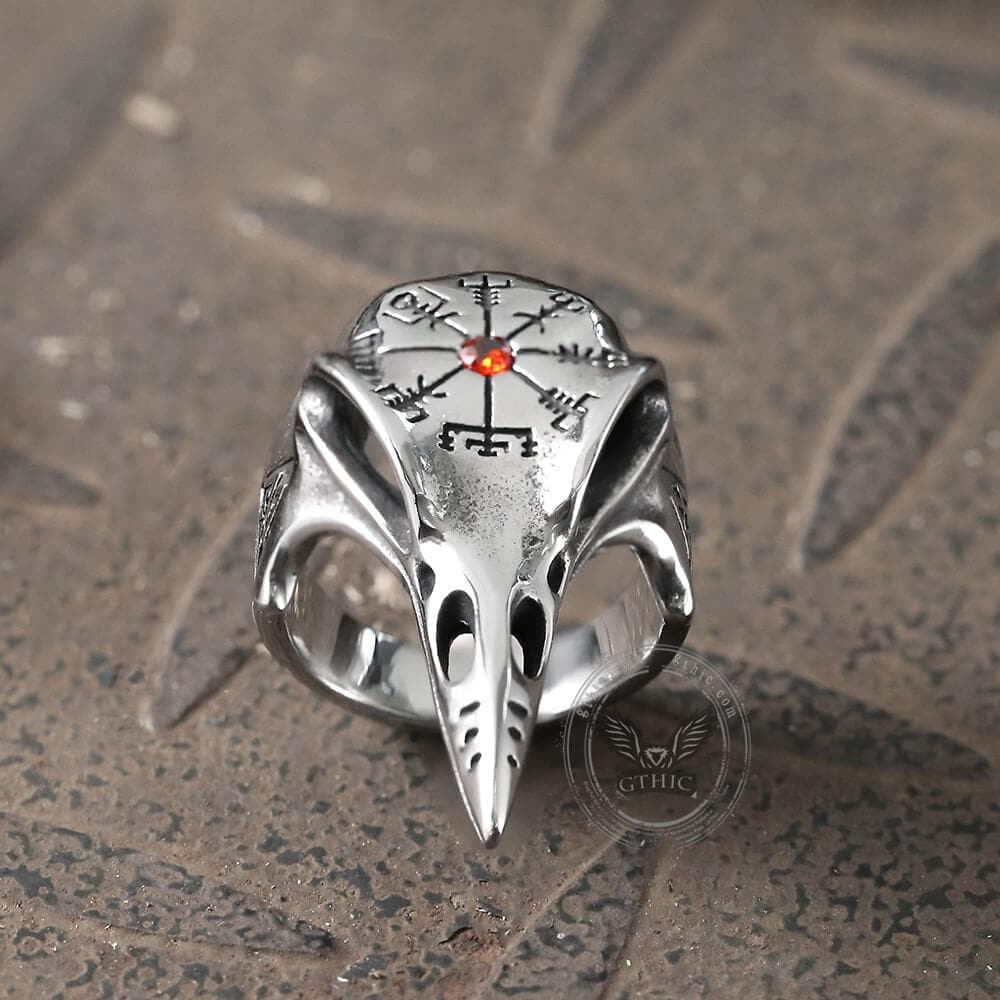 Anillo de acero inoxidable con el cuervo Vegvisir de Islandia