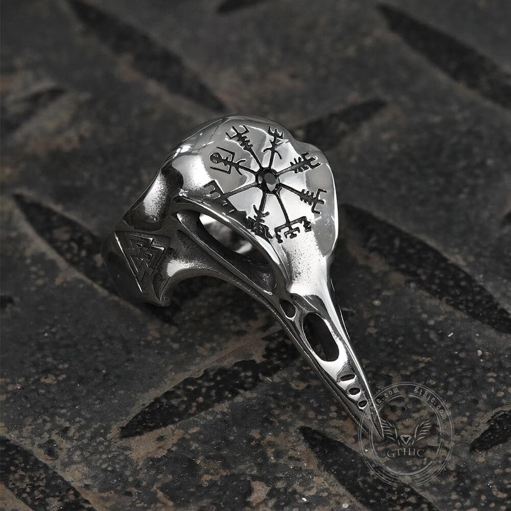 Anillo de acero inoxidable con el cuervo Vegvisir de Islandia