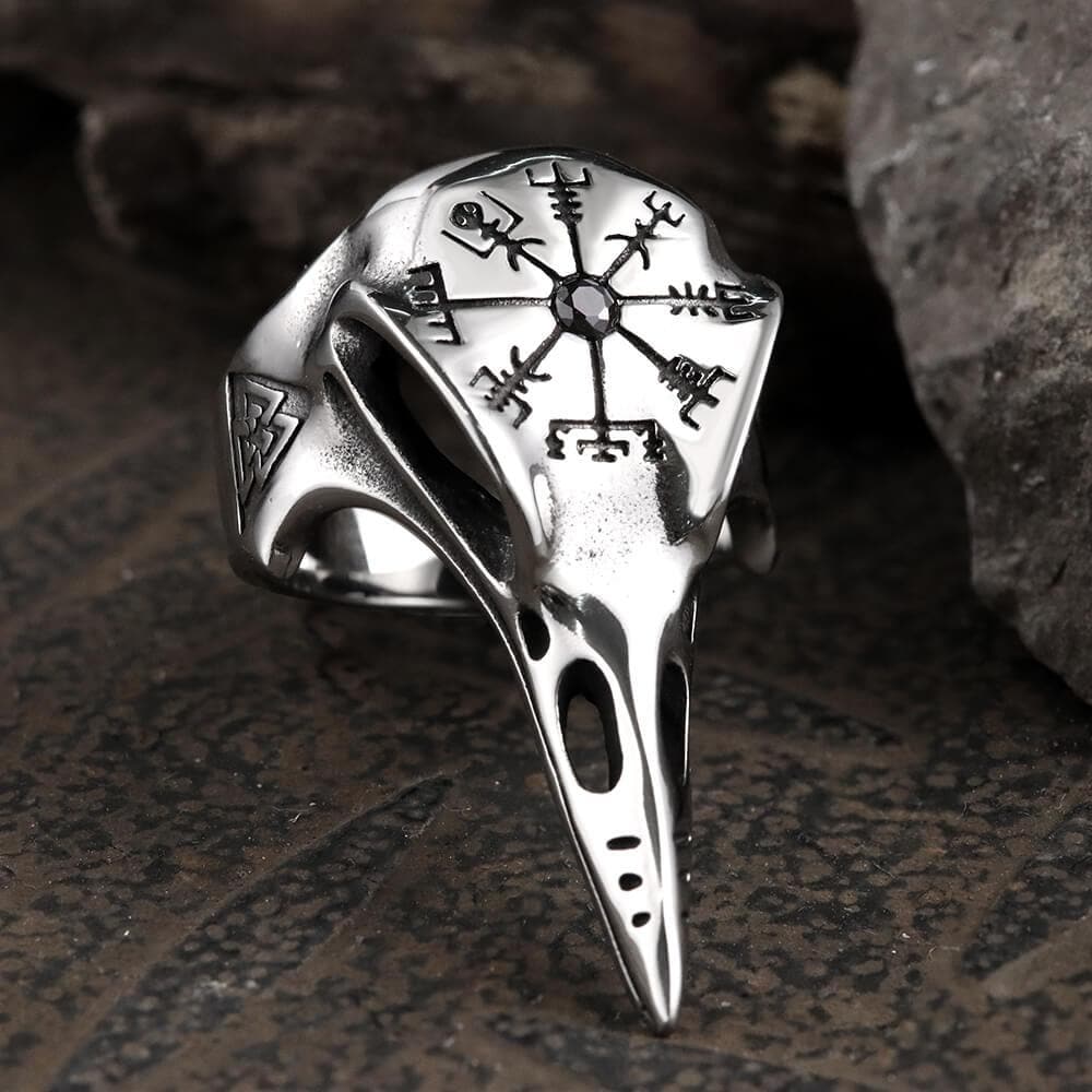 Anillo de acero inoxidable con el cuervo Vegvisir de Islandia