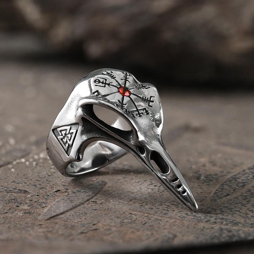 Anillo de acero inoxidable con el cuervo Vegvisir de Islandia