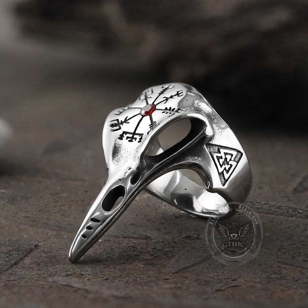 Anillo de acero inoxidable con el cuervo Vegvisir de Islandia