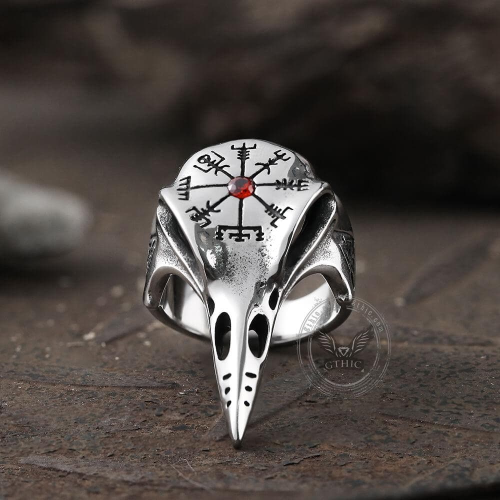 Anillo de acero inoxidable con el cuervo Vegvisir de Islandia
