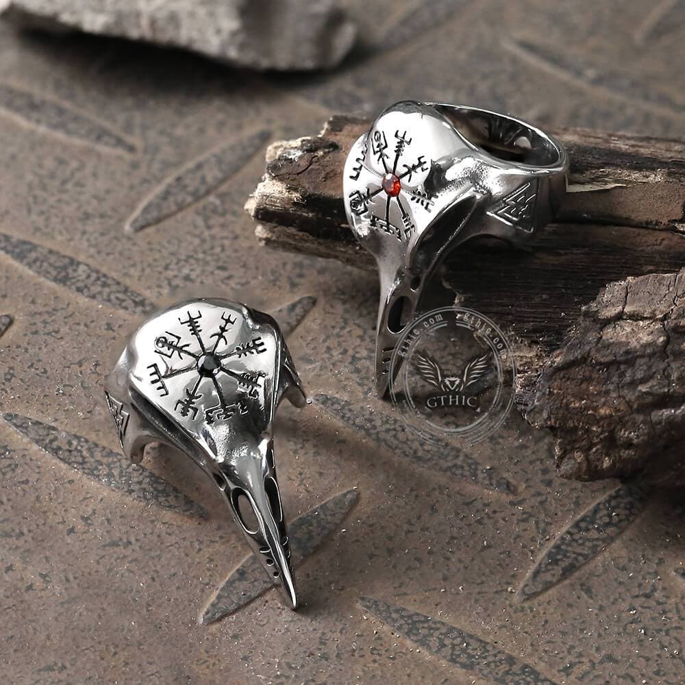 Anillo de acero inoxidable con el cuervo Vegvisir de Islandia