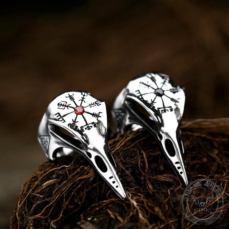 Anillo de acero inoxidable con el cuervo Vegvisir de Islandia