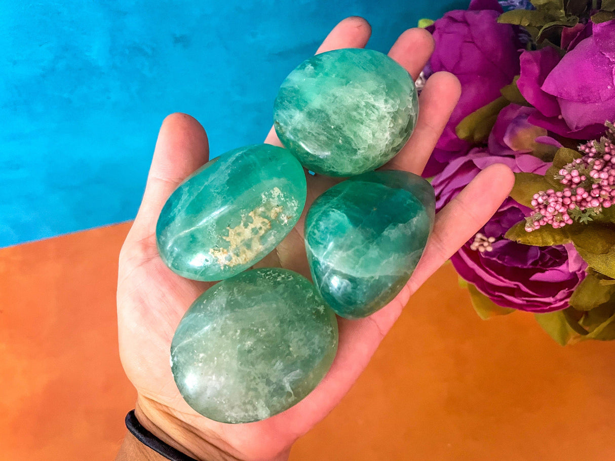 green fluorite palm stones