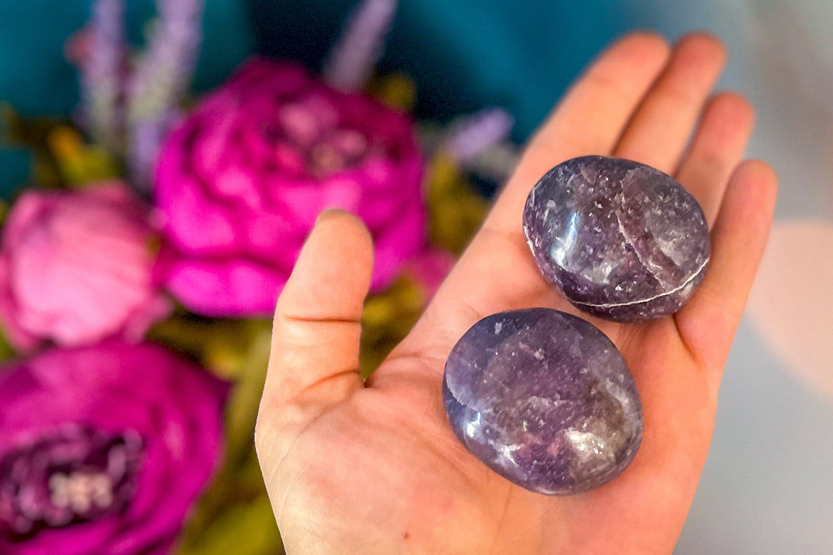 Lepidolite palm stone for TRANQUILITY