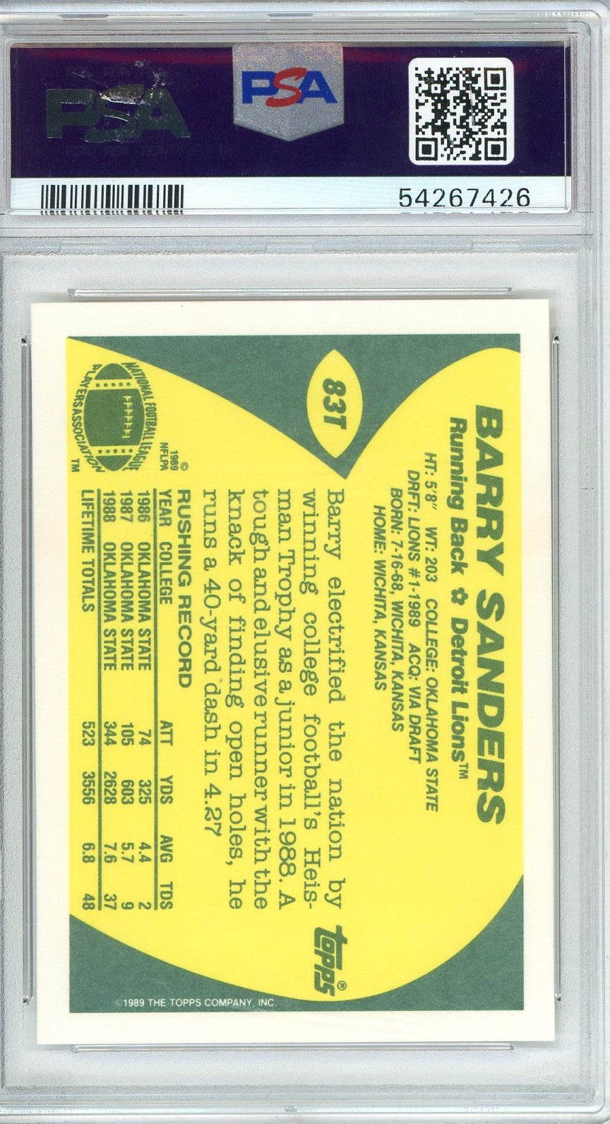 Graded 1989 Topps Traded Barry Sanders #83T Rookie RC Football Card PSA 9 Mint
