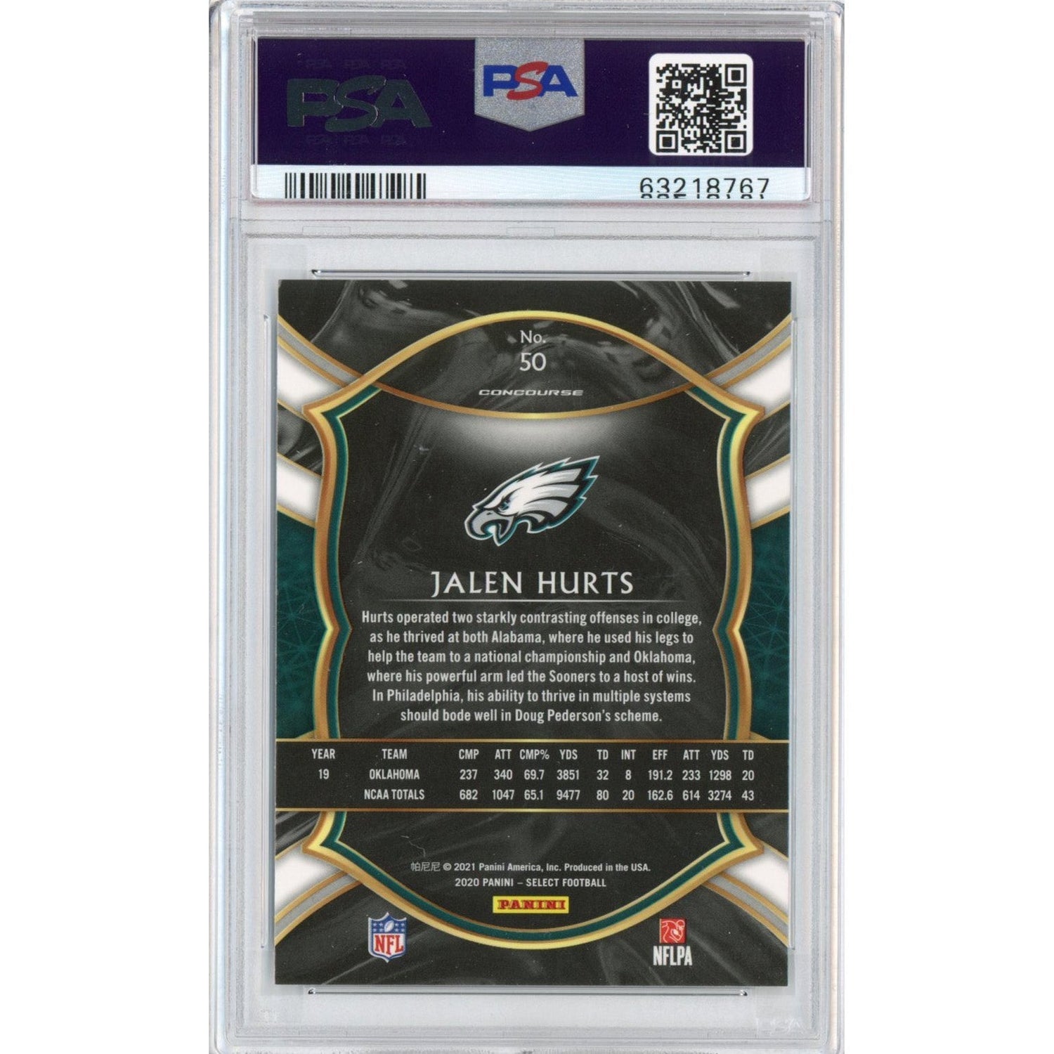 Tarjeta de fútbol RC Jalen Hurts #50 Rookie de Panini Select, clasificada en 2020, PSA 10 Gem Mint