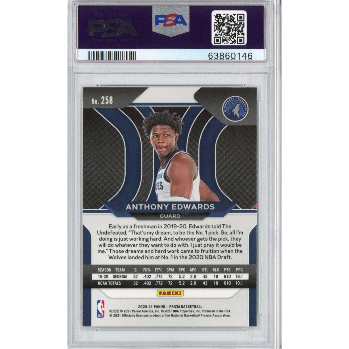 Tarjeta de baloncesto Panini Prizm Anthony Edwards n.° 258 Rookie RC, clasificada 2020-21, PSA 10 Gem Mint