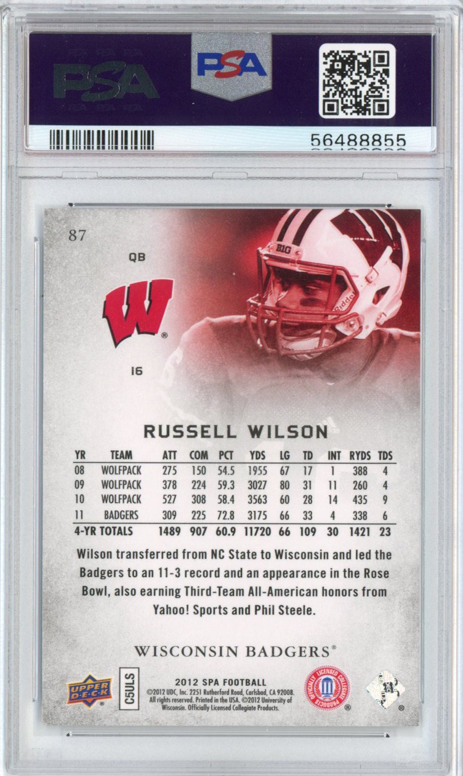 Tarjeta de fútbol americano Russell Wilson #87 Rookie RC, calificada en 2012, Upper Deck UD SP, auténtica, PSA 10 Gem Mint